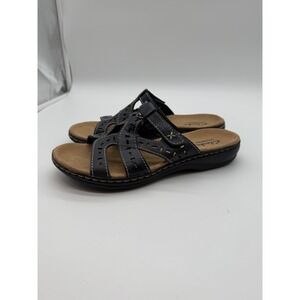 Clarks Bendables Womens 7M Black Leather Laser Cut Slide Sandals
